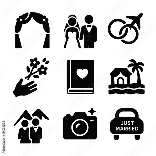 Wedding Icons Collection. Solid, filled icons set of destination weddings and elopements: wedding arch, bride