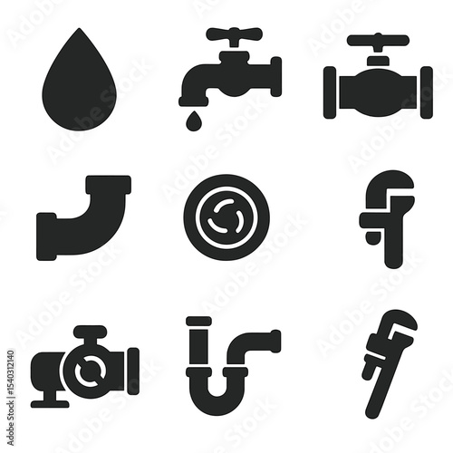 Water System Icons. Solid, filled icons set of water system management: water icon, faucet icon, valve symbol,