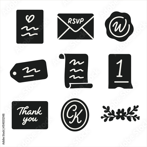 Wedding Stationery Icons. Solid, filled icons set of wedding stationery calligraphy: invitation card, RSVP