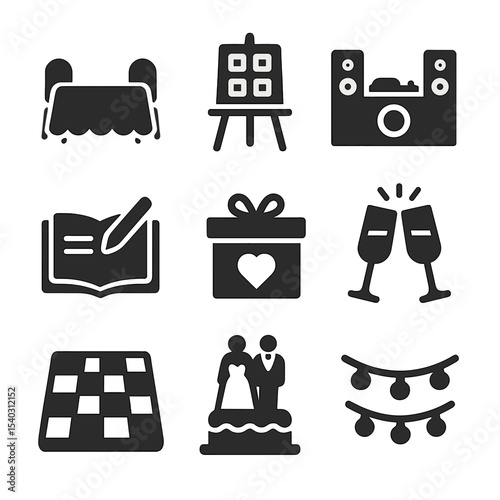 Wedding Reception Icons. Solid, filled icons set of wedding reception essentials: banquet table, seating chart