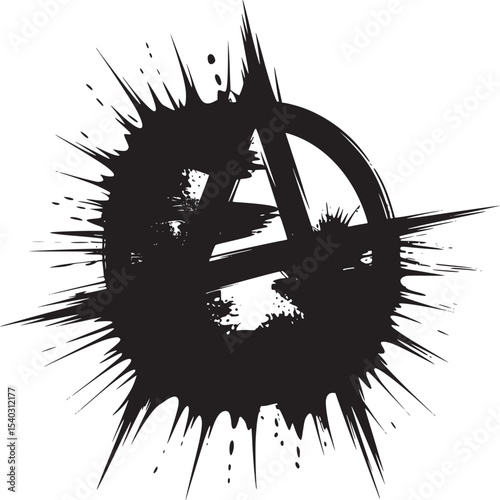 A black anarchy symbol over a colorful paint splatter on a light beige background design art