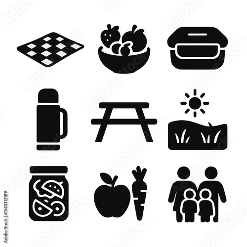 Wellness Picnic Icons. Solid, filled icons set of wellness picnics and outdoor meals: blanket spread, fruit