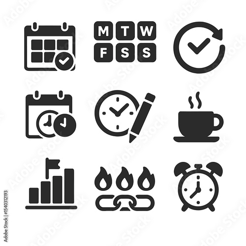 Weekly Planning Icons. Solid, filled icons set of weekly learning routines: weekly planner, weekday icons,