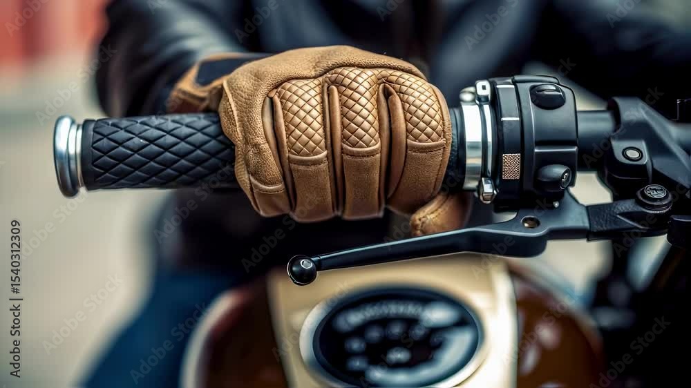 A medium closeup of a riders gloved hand gripping the throttle showcasing the textured grip and the intricacies of the control lever against the motorcycles body.