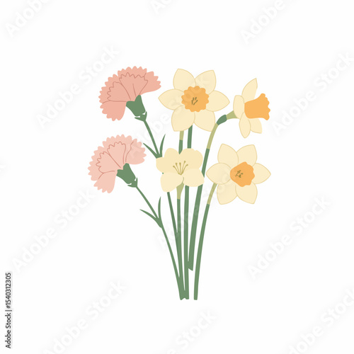 Delicate bouquet of pastel carnations and daffodils with green stems, vector illustration