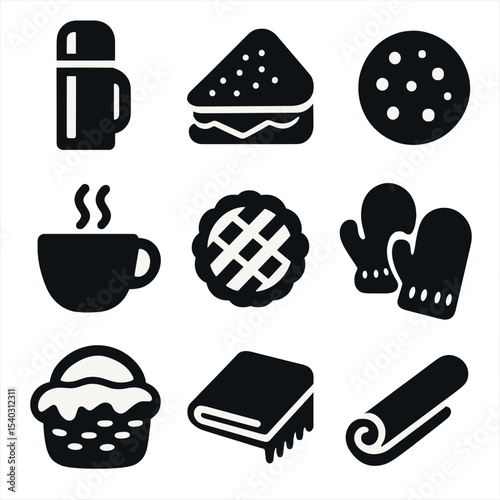 Winter Picnic Icons. Solid, filled icons set of winter picnic food and drink: thermos flask, sandwich, cookie,