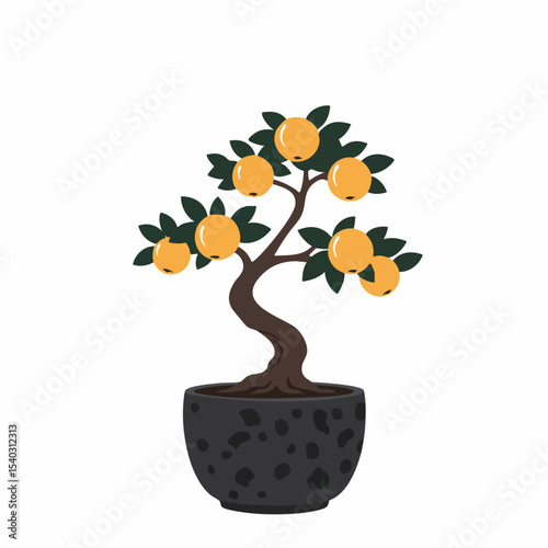 Stylized orange tree with dark green leaves in a speckled dark pot