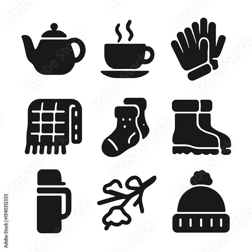 Winter Tea Icon Set. Solid, filled icons set of snowy outdoor tea time: tea pot, steaming cup, wool gloves,