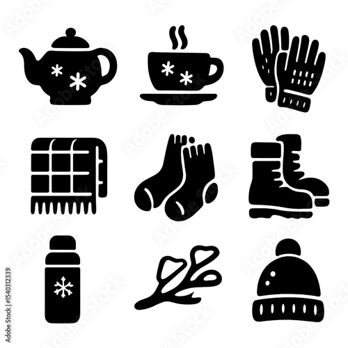 Winter Tea Icon Set. Solid, filled icons set of snowy outdoor tea time: tea pot, steaming cup, wool gloves,