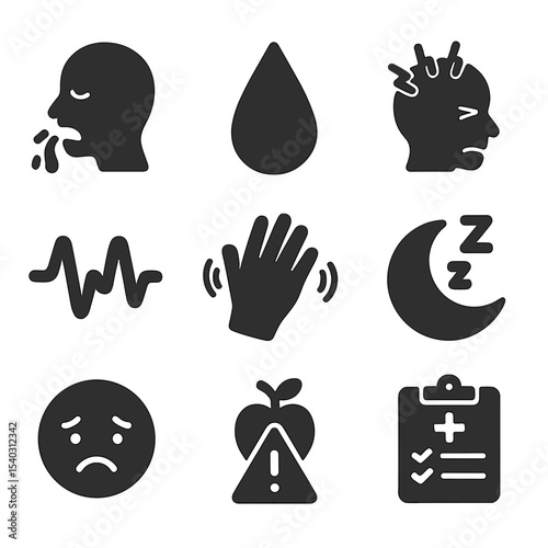 Withdrawal Symptoms Icons. Solid, filled icons set of withdrawal and detox symptoms: nausea icon, sweat drop,