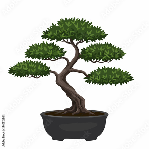 Lush Green Bonsai Tree in Dark Pot, Serene and Detailed Illustration