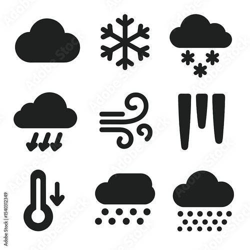 Winter Weather Icons. Solid, filled icons set of snowfall and atmospheric winter elements: cloudy sky, heavy
