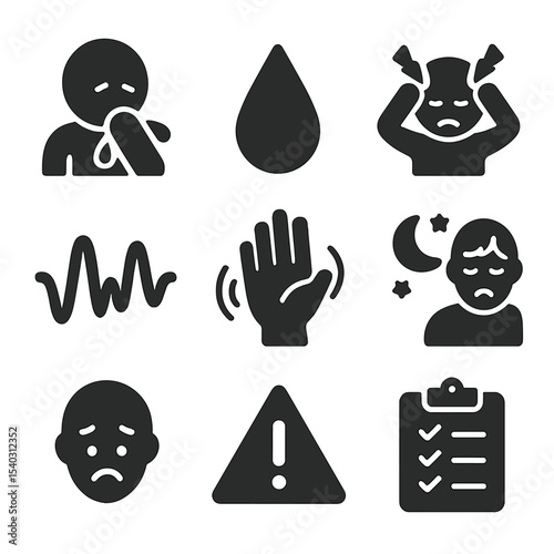 Withdrawal Symptoms Icons. Solid, filled icons set of withdrawal and detox symptoms: nausea icon, sweat drop,