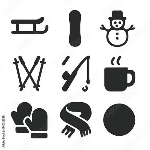 Winter Sports Icons. Solid, filled icons set of winter sports and activities: sled icon, snowboard, snowman,