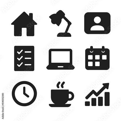 Work-Life Balance Icons. Solid, filled icons set of balancing work and home life: home icon, desk lamp, video