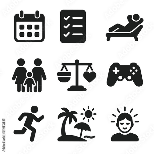 Work-Life Balance Icons. Solid, filled icons set of balancing work and life: calendar, to-do list, relaxation,