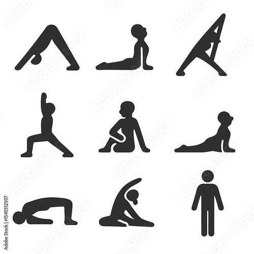 Yoga Stretch Icons. Solid, filled icons set of yoga-inspired athletic stretches: downward dog, cobra pose,