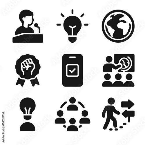 Youth Innovation Icons. Solid, filled icons set of youth and emerging global voices: young speaker, innovation