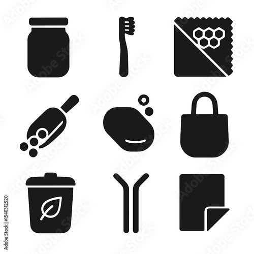 Zero-Waste Icon Set. Solid, filled icons set of zero-waste lifestyle: mason jar, bamboo toothbrush, beeswax
