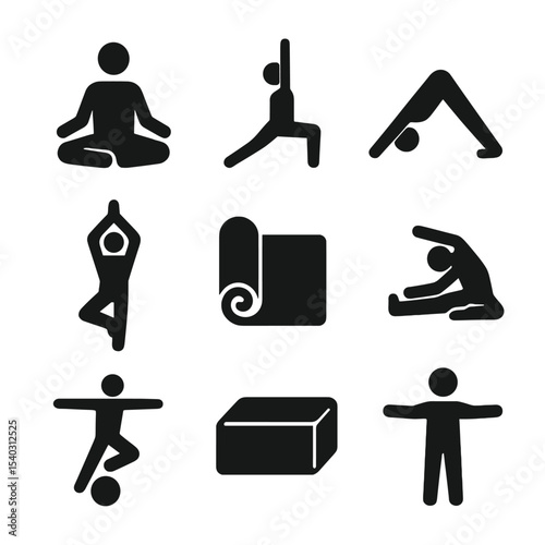 Yoga Icons Grid. Solid, filled icons set of yoga poses and practice: lotus pose, warrior pose, downward dog,