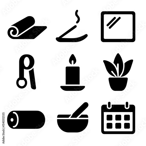 Yoga Studio Essentials. Solid, filled icons set of yoga studio essentials: rolled mat, incense stick, wall