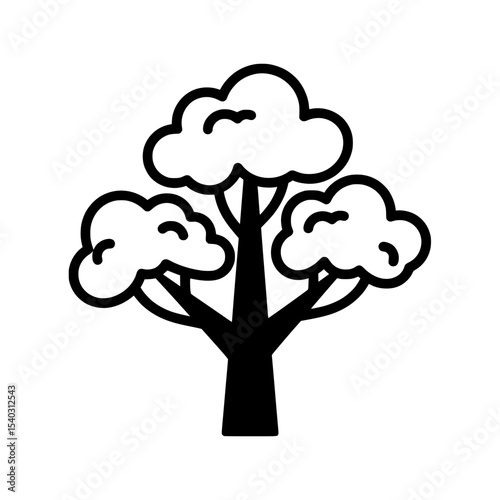 A clear and concise black and white line illustration of a tree with a sturdy trunk and three distinct clusters of lush leaves. 