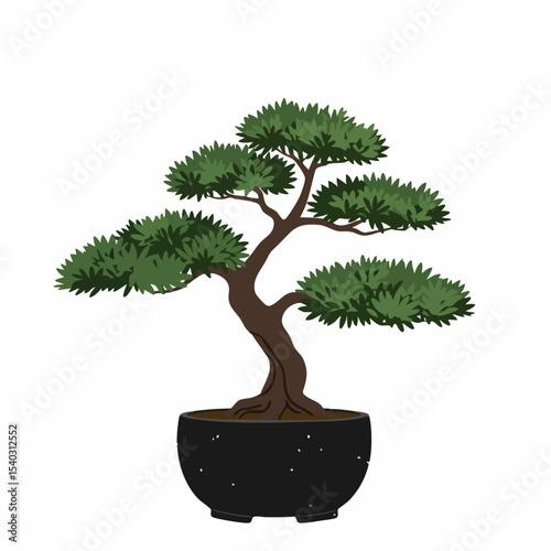Stylized Bonsai Tree with Dark Pot and Curving Trunk Illustration