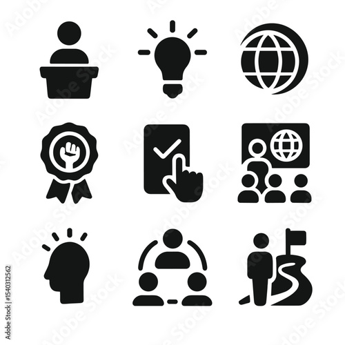 Youth Innovation Icons. Solid, filled icons set of youth and emerging global voices: young speaker, innovation