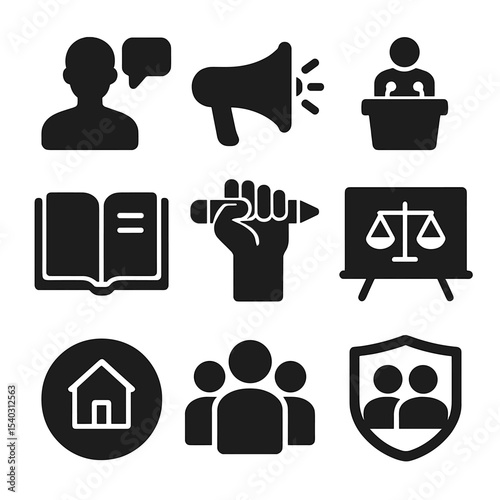 Youth Activism Icons. Solid, filled icons set of youth activism and education: student voice, school megaphone