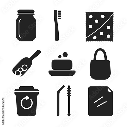 Zero-Waste Icon Set. Solid, filled icons set of zero-waste lifestyle: mason jar, bamboo toothbrush, beeswax