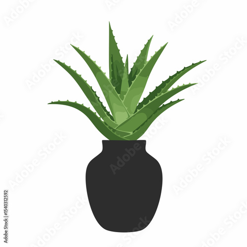 Stylized Aloe Vera Plant in a Dark Vase, Sharp Leaves and Smooth Pot