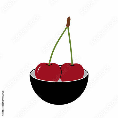 Two Vibrant Red Cherries Resting in a Black Bowl, Simple Illustration