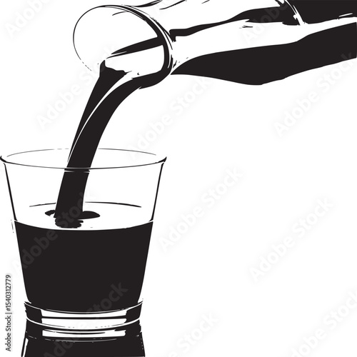 Pouring a creamy liquid from a glass pitcher into a clear glass on a reflective light surface