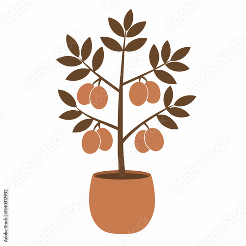 Stylized Potted Fruit Tree with Brown Leaves and Ornate Fruit