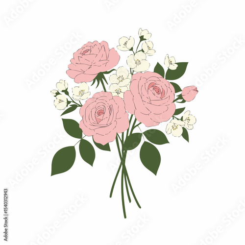 Delicate Pink Roses and Jasmine Bouquet Illustration