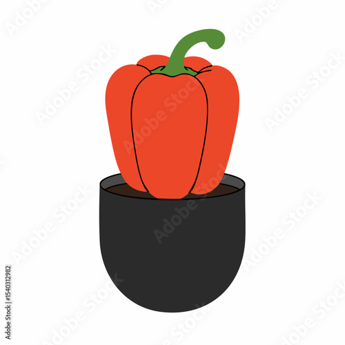Stylized Red Bell Pepper in a Black Pot with Green Stem