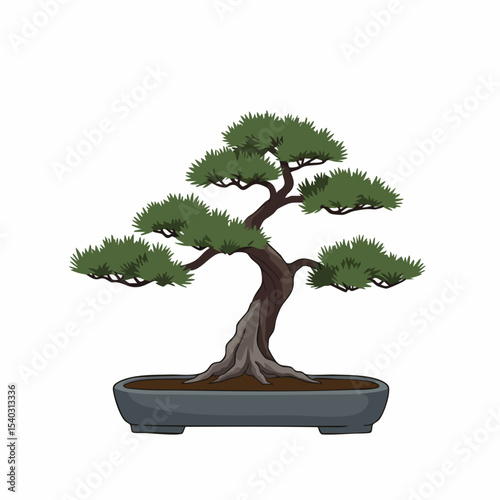 Artistic Bonsai Tree in a Dark Gray Pot, Detailed Illustration.