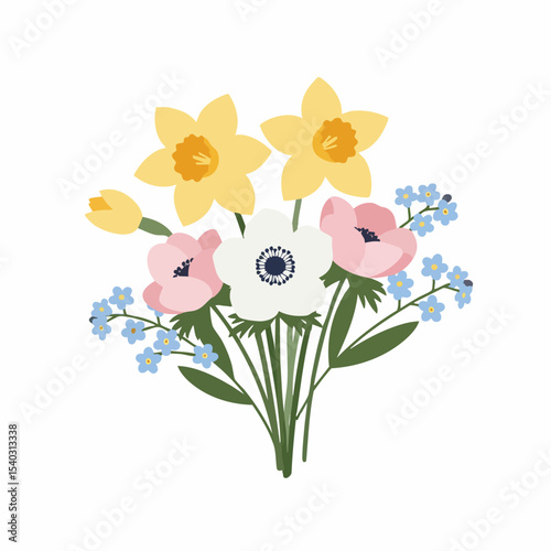 Stylized Floral Bouquet with Daffodils, Anemone, Forget-Me-Nots, and Pink Flowers