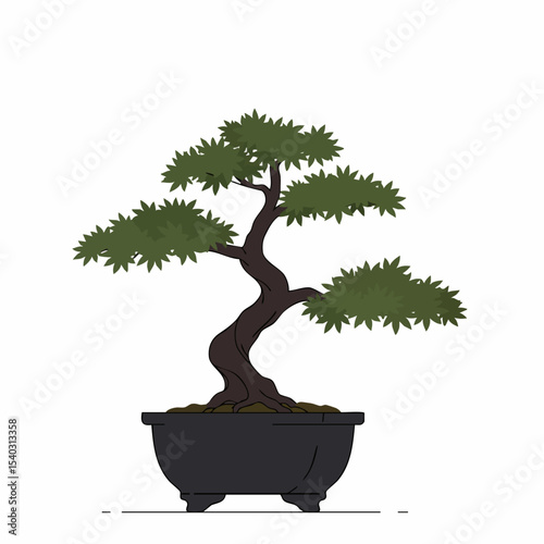 Stylized Bonsai Tree with Dark Trunk and Green Foliage in a Dark Pot