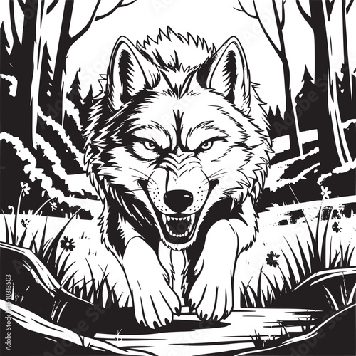 Cartoon wolf running aggressively through a forest with trees grass and flowers in the background artwork