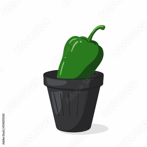Single Green Bell Pepper in Dark Pot, Simple Illustration