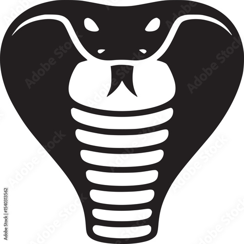 A black and white cobra head with a distinctive hood and markings on a plain white background design art
