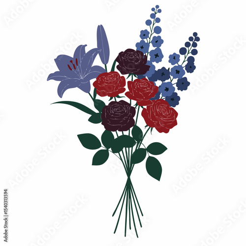 Elegant Dark Red Rose and Lily Bouquet with Delphiniums