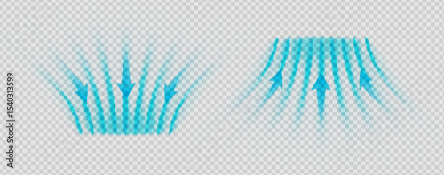 Dynamic air flow swirl with cold breeze, spray and suction effect. Abstract blue stream with steam, swoosh and 3D wave texture. Transparent vector for AC, ventilation or purification system.