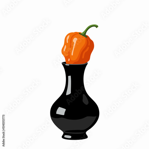 Orange Scotch Bonnet Pepper Resting Atop a Glossy Black Vase Illustration