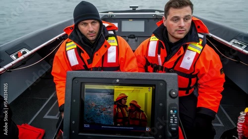 A medium closeup of rescuers aboard the boat clad in reflective gear focused on the infrared monitor displaying realtime thermal images showcasing their determination to locate