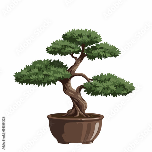 Detailed Illustration of a Graceful Bonsai Tree in a Pot