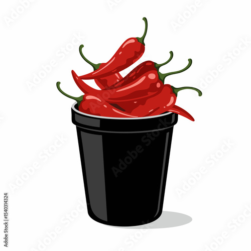 Glossy Red Chili Peppers Overflowing from a Sleek Black Container