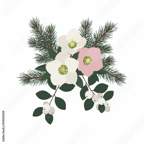 Elegant Floral Arrangement Featuring Hellebores, Pine, and Snowberries.