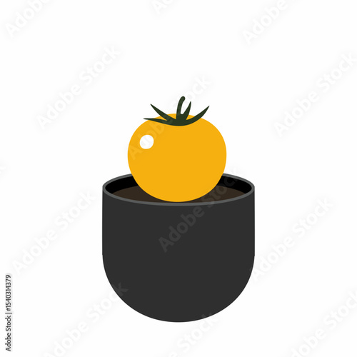Vibrant Yellow Tomato Resting in a Dark, Minimalist Planter